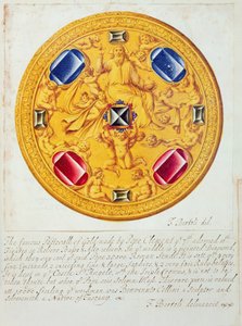 Front view of a pectoral ornament of gold and jewels made for Pope Clement VII by Cellini in c.1523-34, 1729